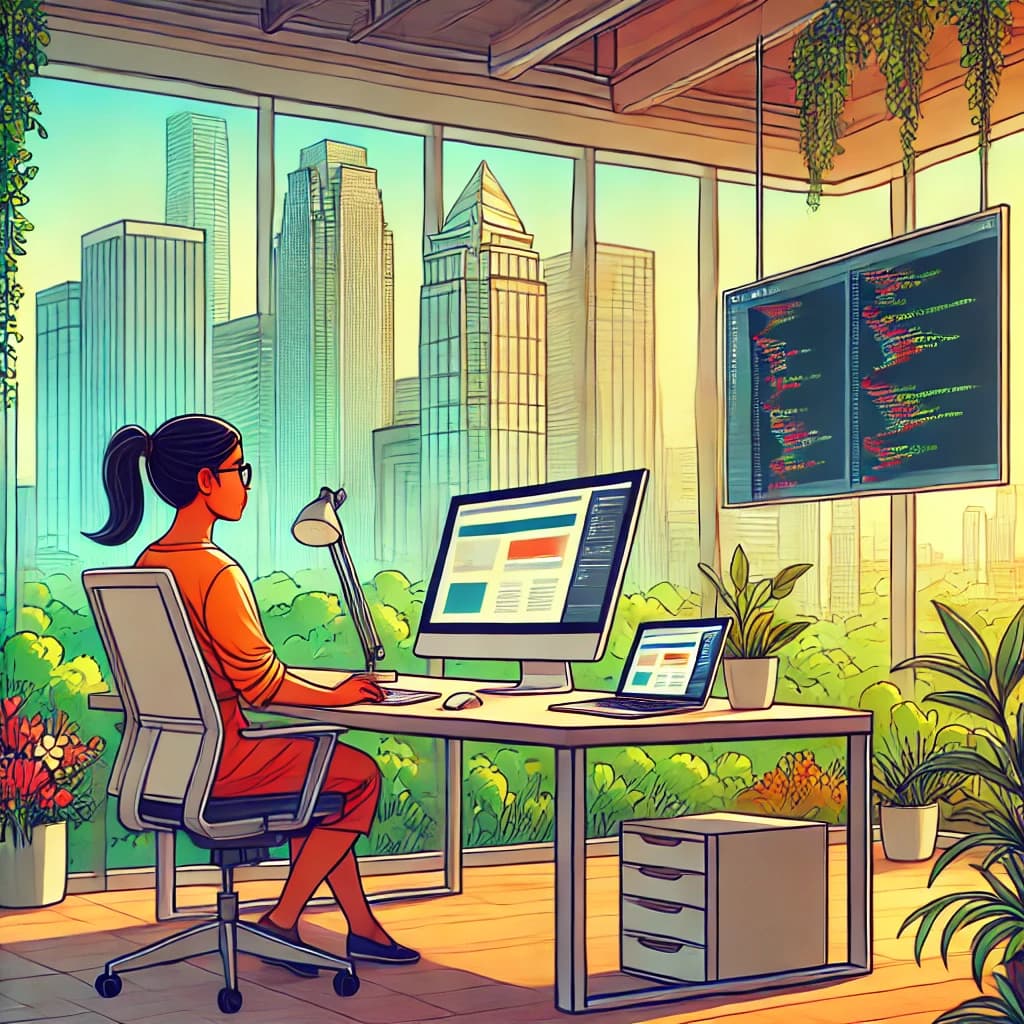 Une ingénieure en informatique développant un site internet dans son bureau